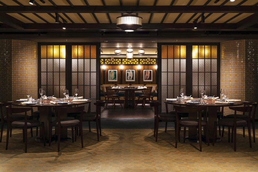 A view of the modern Chinese interior design at Michelin-starred Yat Tung Heen restaurant in Hong Kong.
