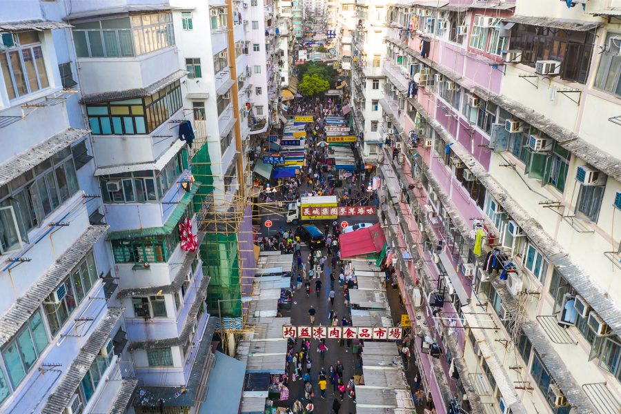 Aerial view of market stalls down street in Sham Shui Po, Hong Kong.
