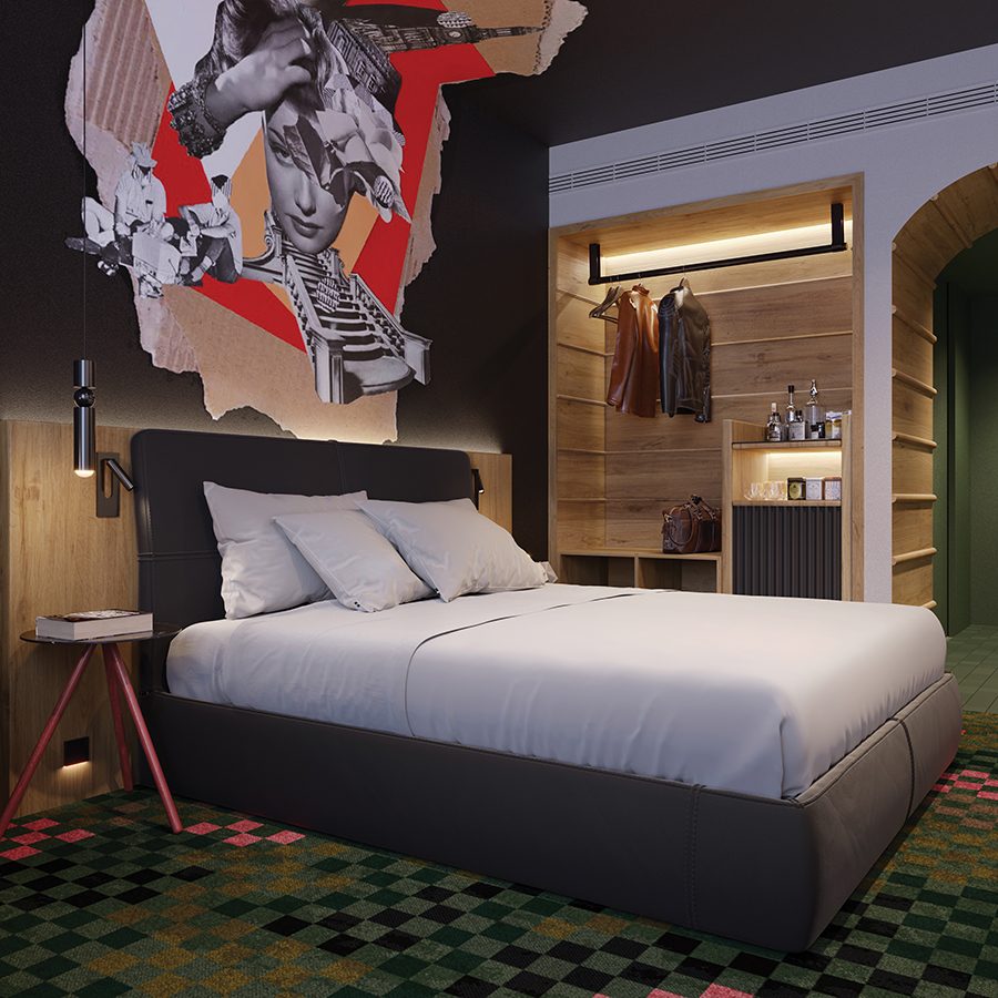 Interior of a guest room at 25hours Hotel the Olympia.