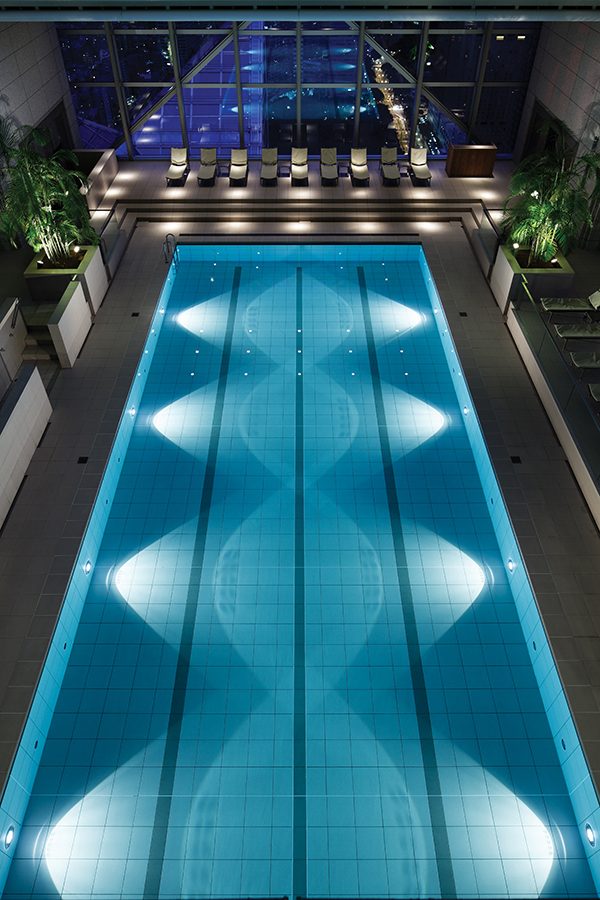 Top-down view of an indoor swimming pool at Park Hyatt Tokyo.