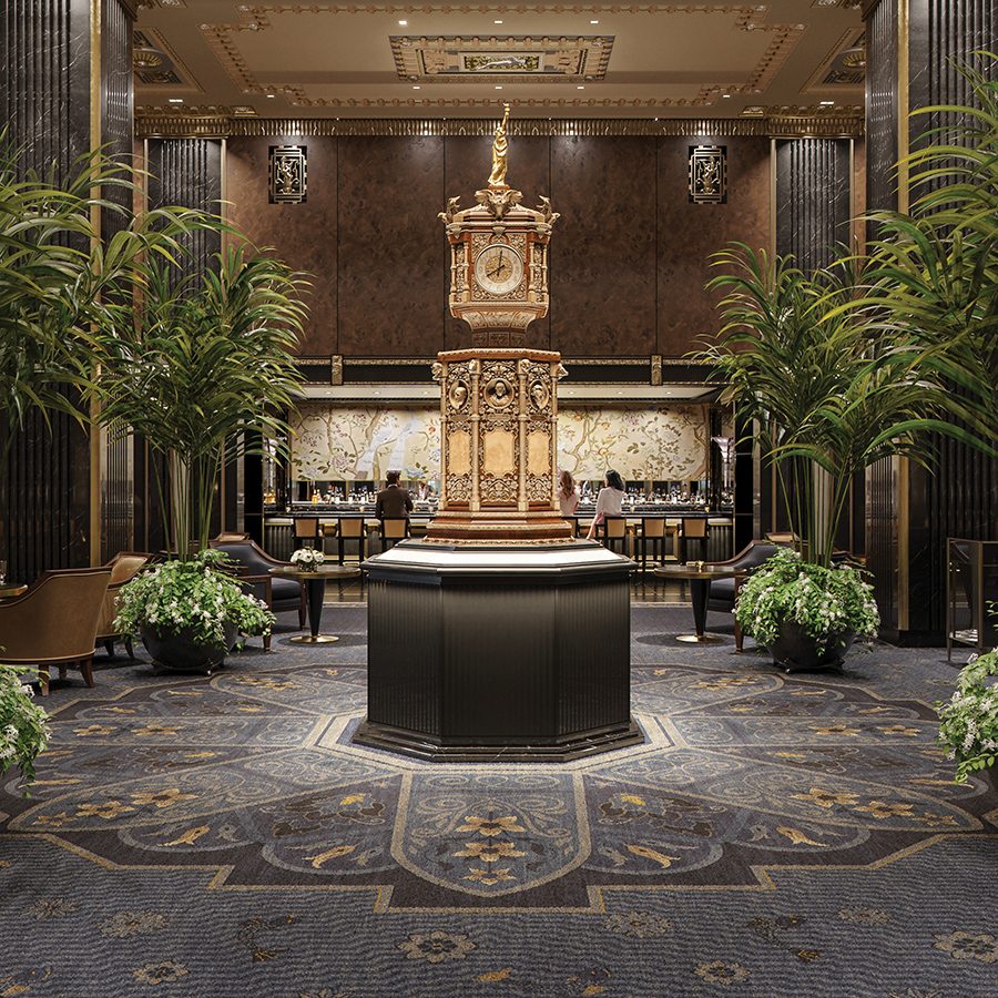 Interior of the hotel lobby of Waldorf Astoria New York.
