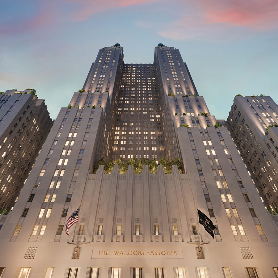 Exterior of Waldorf Astoria New York in the evening.