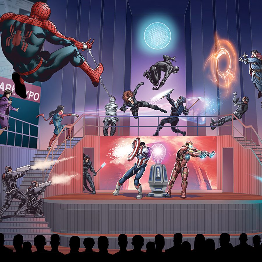 A rendering of Marvel characters flying across a stage in front of an audience on board Disney Adventure.