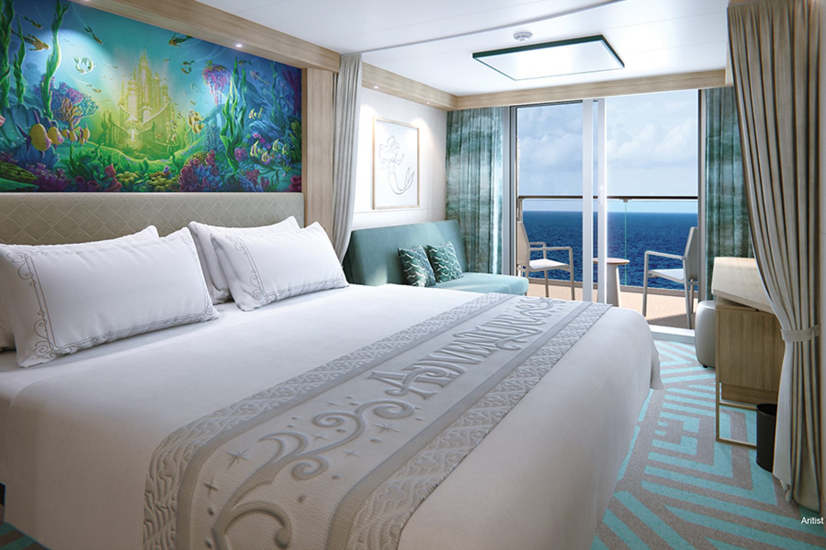 Interior of a guest room with a verandah and ocean views aboard Disney Adventure.