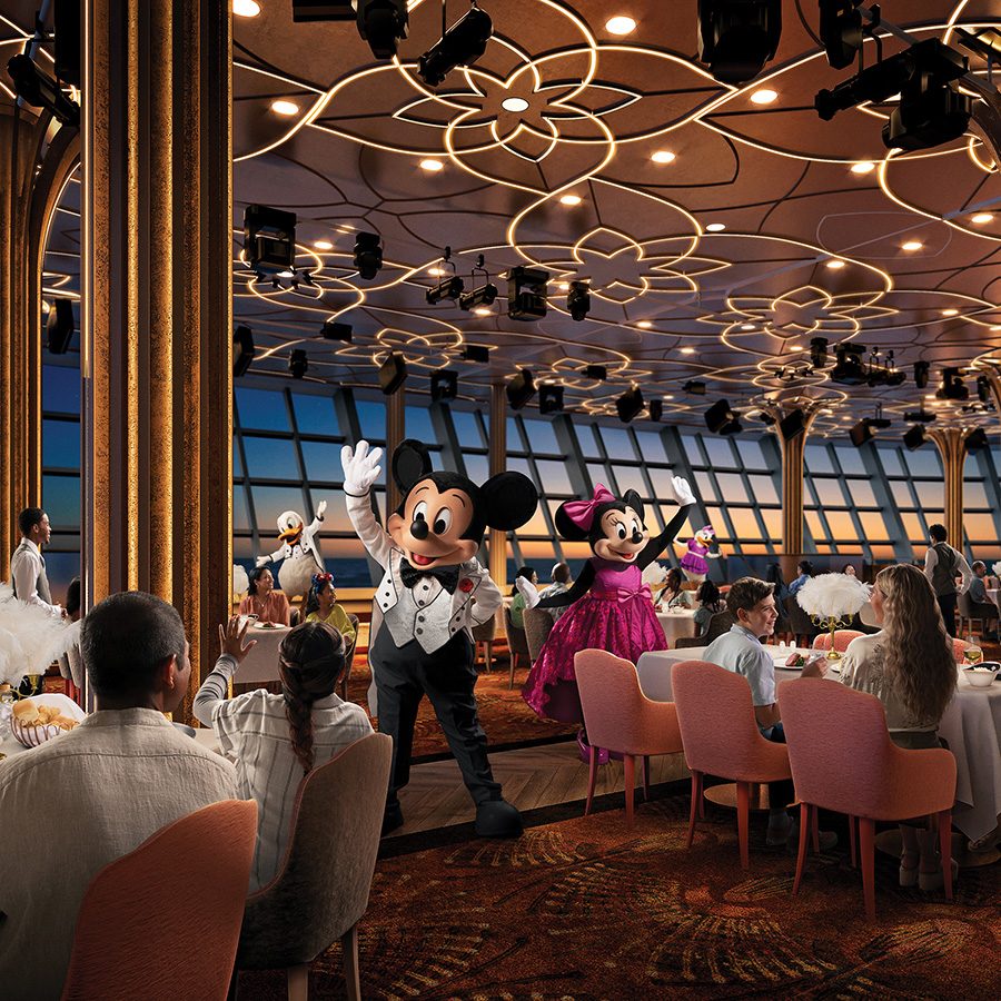 Interior of Hollywood Spotlight Club, a dining area aboard the Disney Adventure where Mickey and Minnie Mouse greet diners.