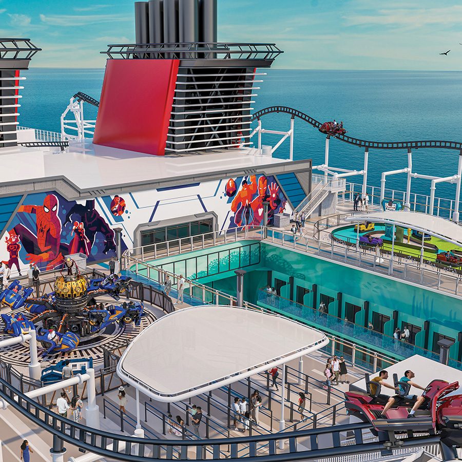 A rendering of the Disney Adventure cruise ship’s Marvel Landing on the upper deck, which features Spiderman illustrations and rollercoasters.