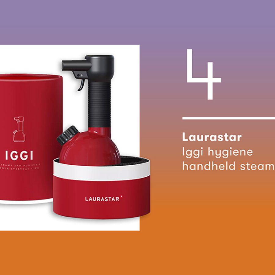 Product shot of Laurastar’s Iggi hygiene handheld steamer. 
