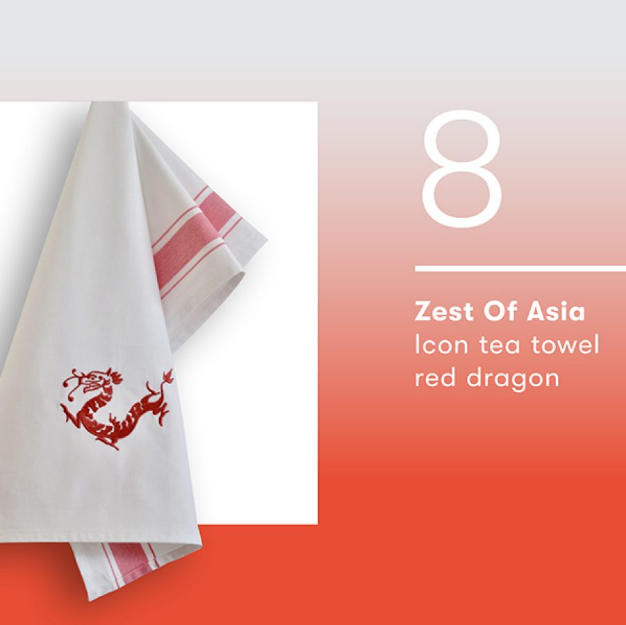 Product shot of Zest Of Asia’s icon tea towel red dragon.