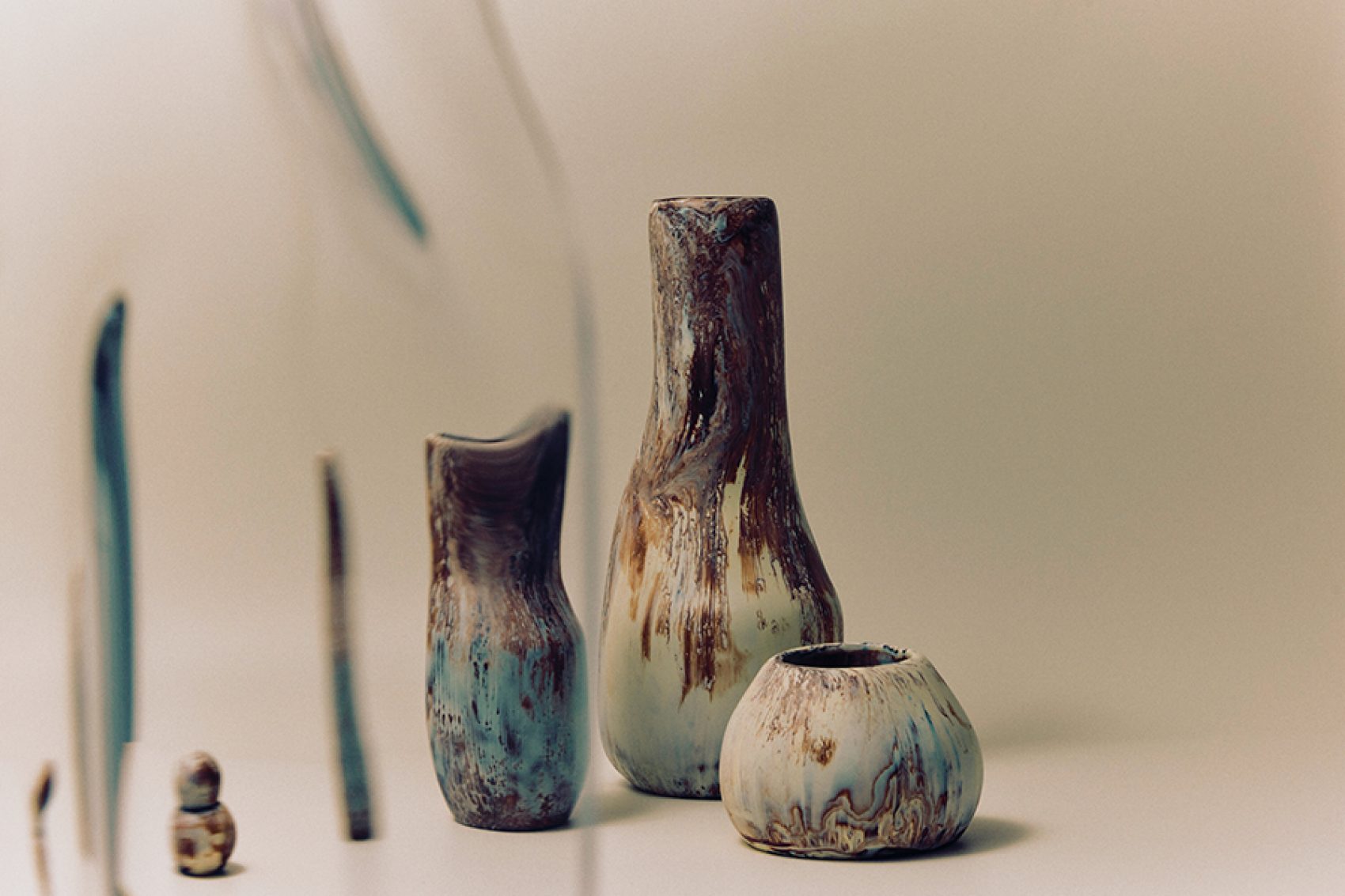 Turquoise and brown abstract vases from Dinosaur Designs.