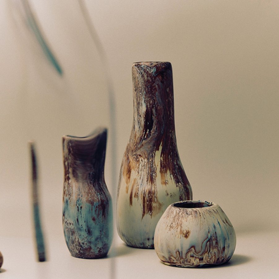 Turquoise and brown abstract vases from Dinosaur Designs.