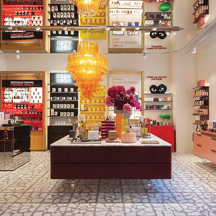 Multiple beauty products on shelves inside Mecca, Sydney.