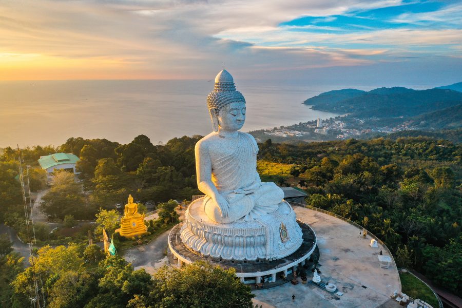 A drone shot of the Big Buddha statue at Phuket, Thailand