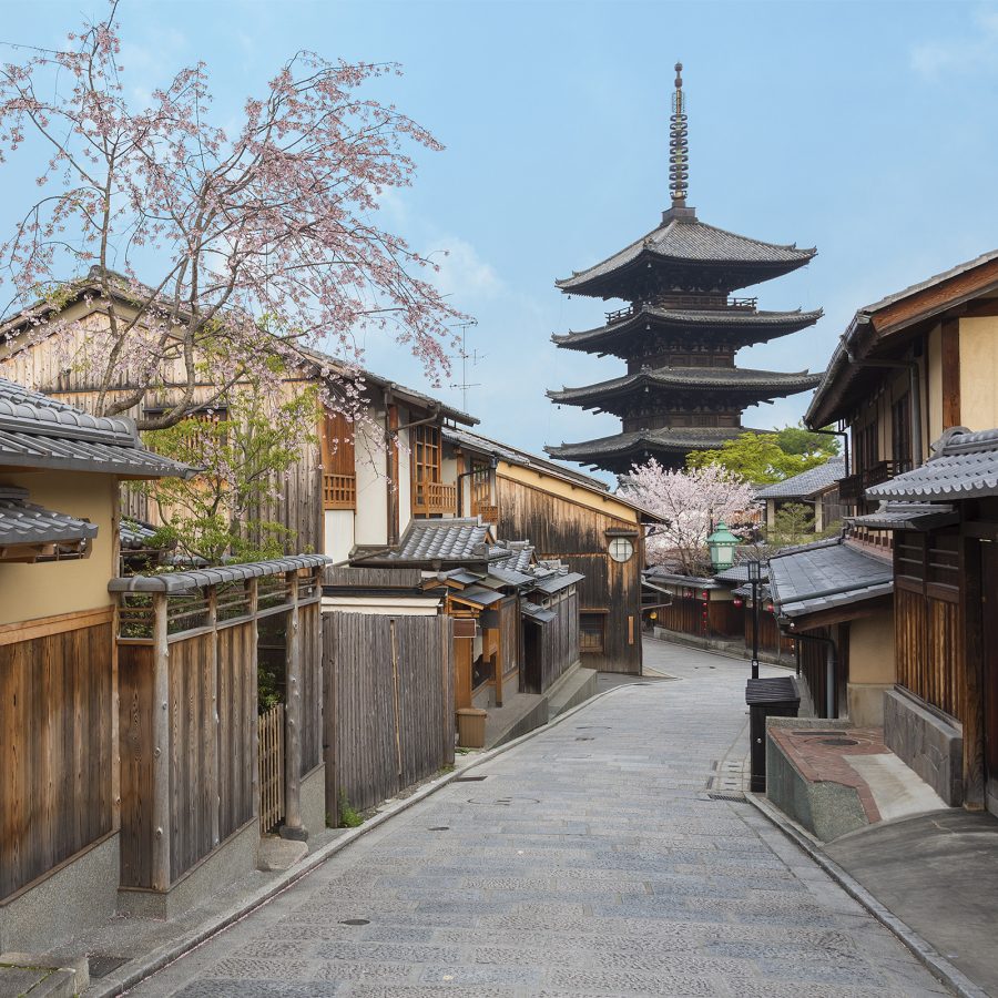 A shot of a quiet street in Kyoto with a view of Yasaka Pagoda, Hōkan-ji Temple from a distance