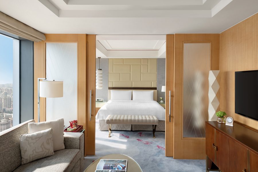 An interior view of bedroom in the Jing An Shangri-La Shanghai hotel.