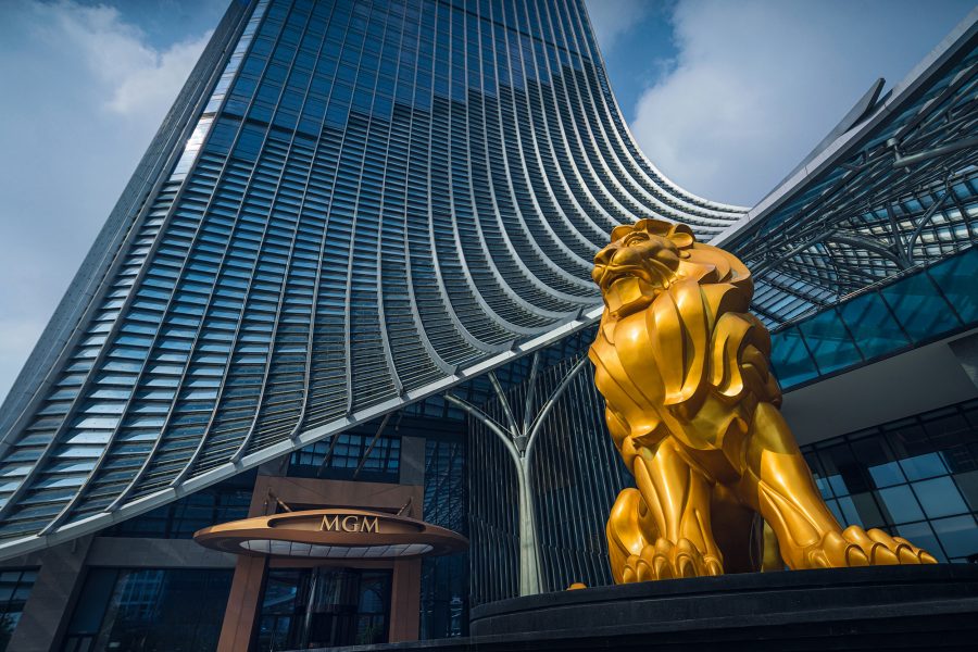 An exterior view of the hotel with the MGM lion statue. 