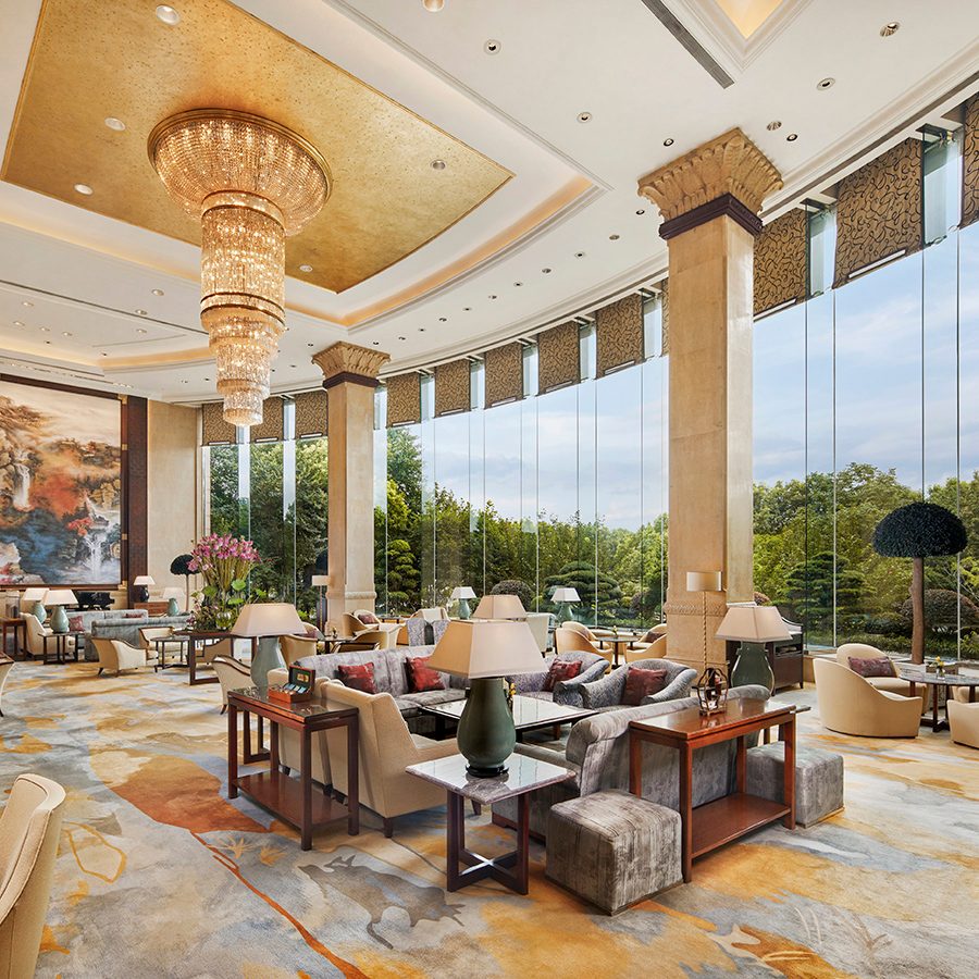 An interior shot of Pudong Shangri-La Shanghai's lobby. 