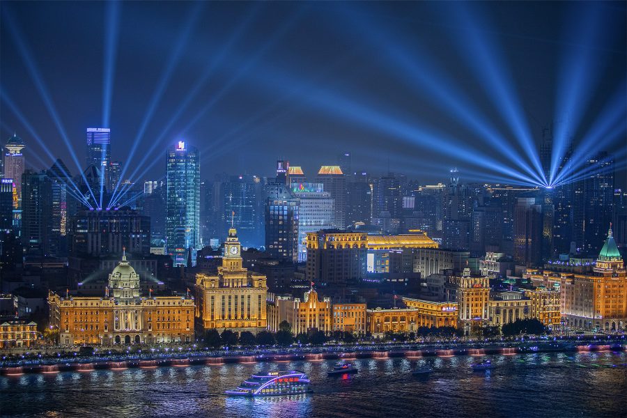 An exterior view of the Bund in Shanghai at night. 