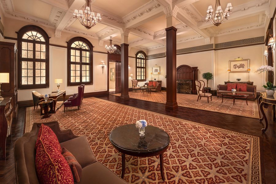 An interior view of the sitting area at the Waldrof-Astoria Shanghai on the Bund hotel.