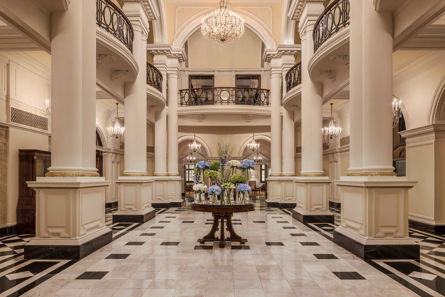 An interior view of the lobby at the Waldorf-Astoria Shanghai on the Bund hotel.