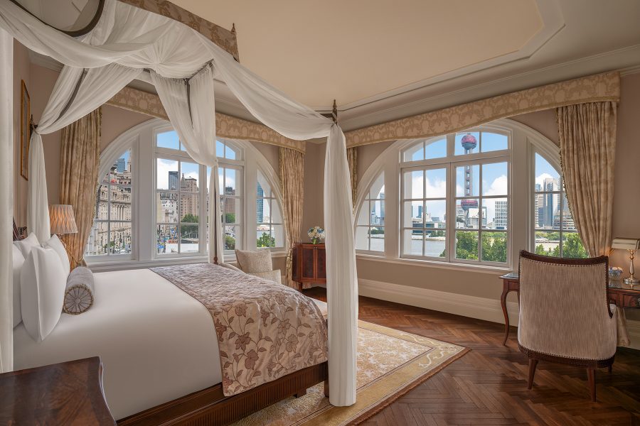 An interior view of the bedroom at the Waldorf-Astoria Shanghai on the Bund hotel.  