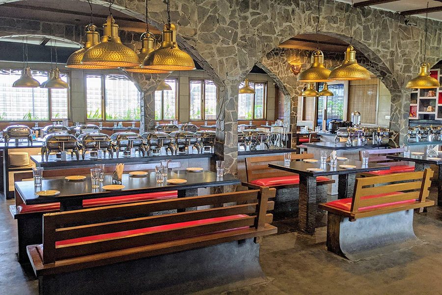 A view of the dining room interior at Rayalaseema Ruchulu in Hyderabad
