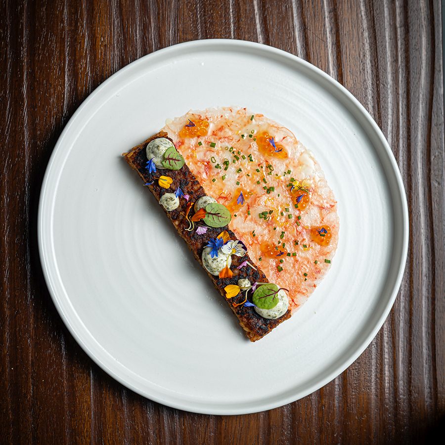  Red prawn carpaccio served with paella at Boca, Dubai. 