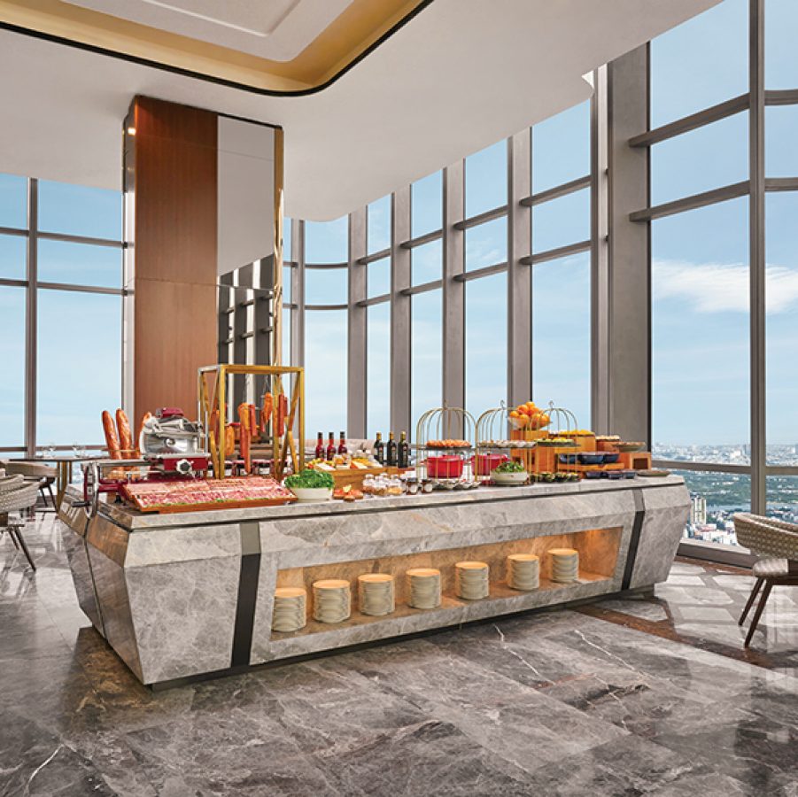 A buffet table at a restaurant in Vinpearl Landmark 81, Autograph Collection.