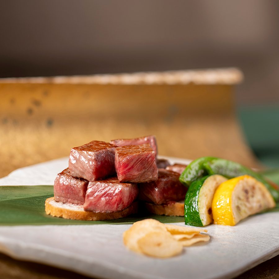 A plate of U.S. ribeye beef cubes at Shikigiku Japanese Restaurant. 