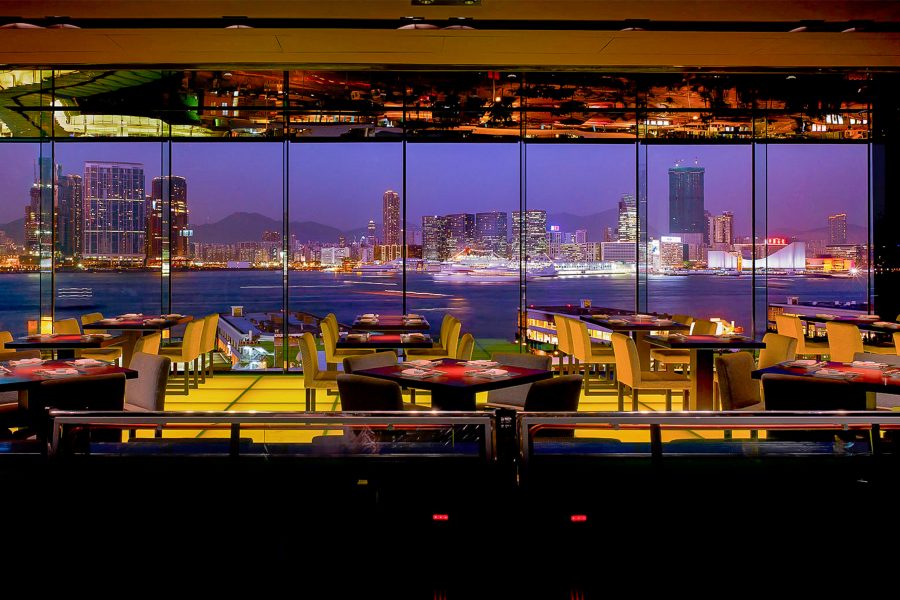 Panoramic view of the Hong Kong skyline at Shikigiku Japanese Restaurant.