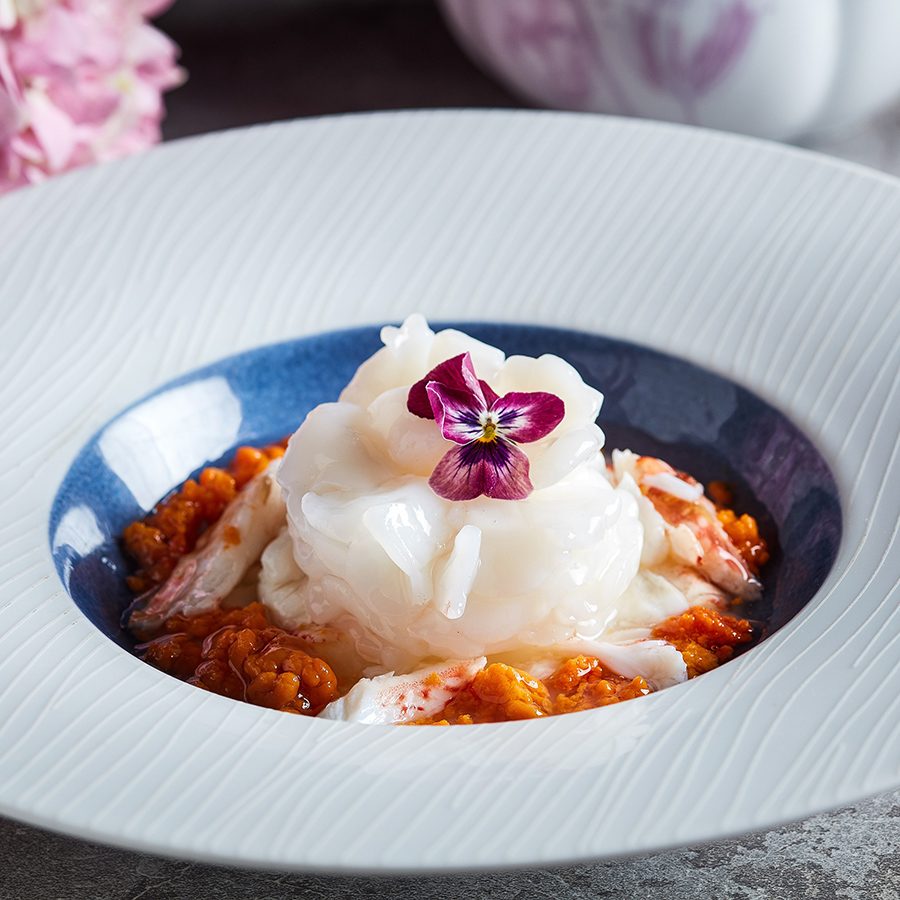 Steamed egg white with king prawn topped with crab roe at Ying Jee Club.  