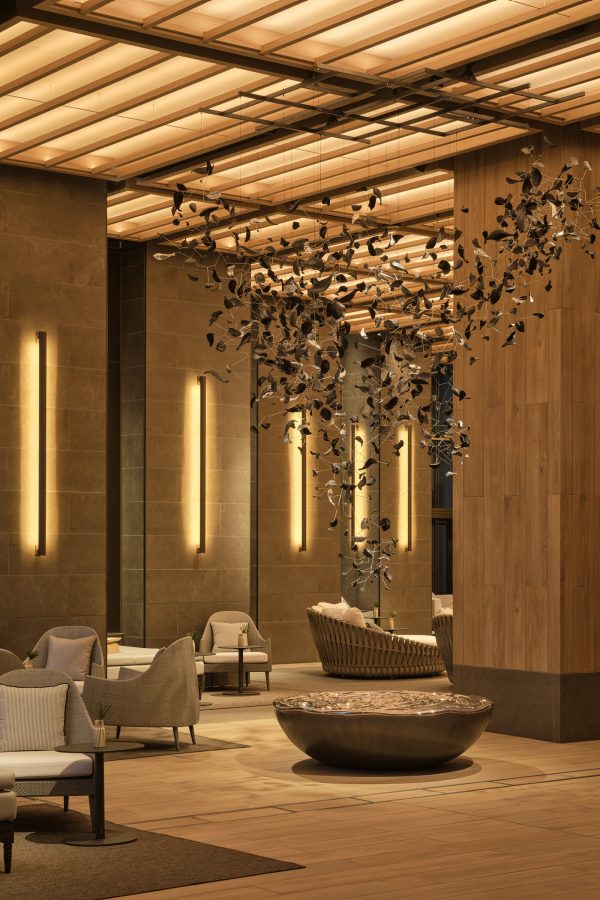 A view of the modern interiors of the lobby at Janu Tokyo.