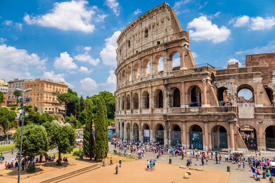 Exterior shot of the Roman Colosseum.
