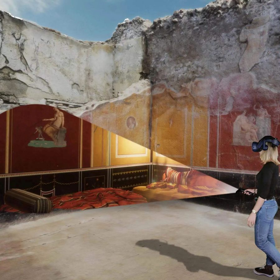 Shot of a woman wearing a VR headset exploring Return to Pompeii.