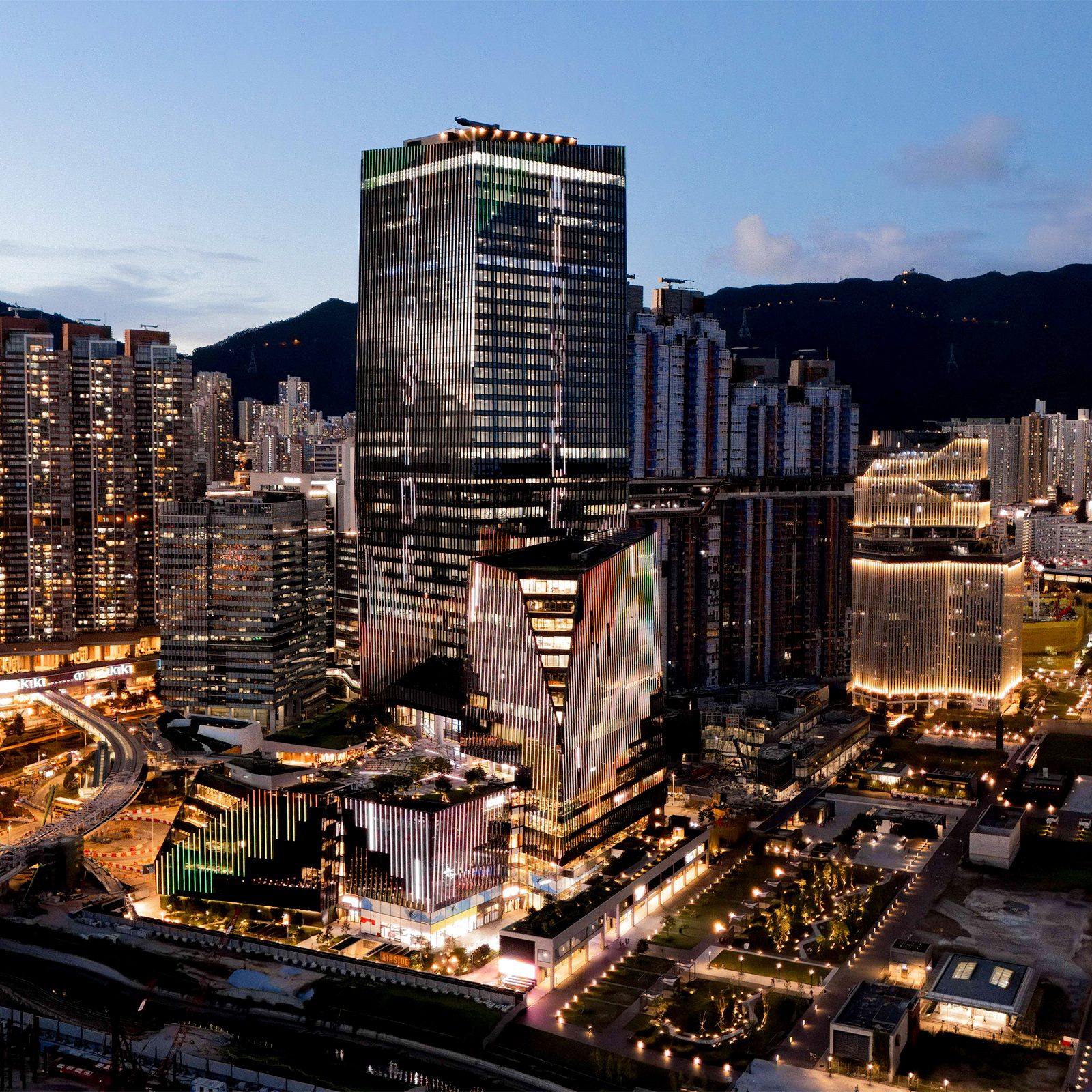 A bird’s eye view of Airside shopping mall at Kai Tak complex, Hong Kong in the evening.