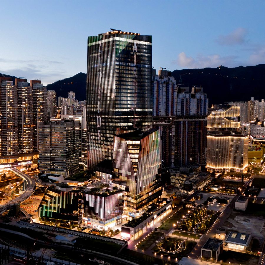 A bird’s eye view of Airside shopping mall at Kai Tak complex, Hong Kong in the evening.