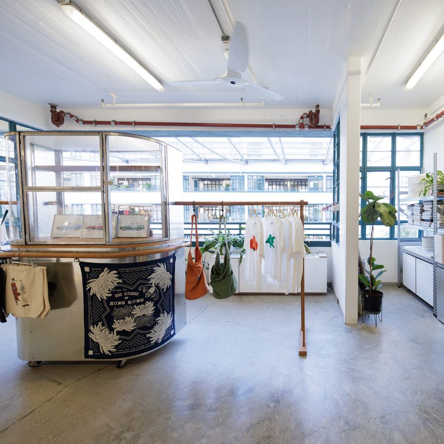 An interior view of a fashion and apparel shop in PMQ, Hong Kong.