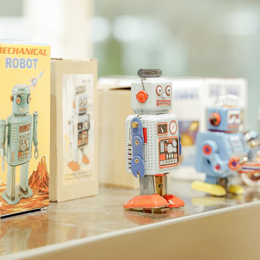 A closeup of small robot toys sold at sustainable zero-waste store Slowood.