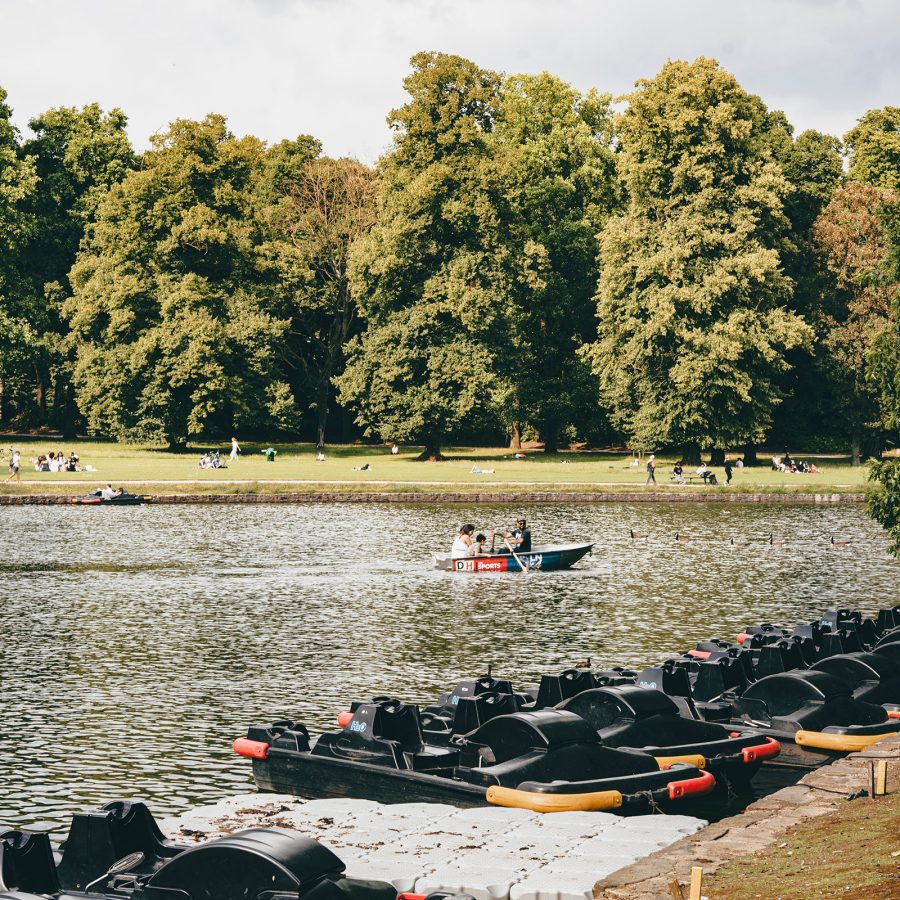Paddle boats line the edge of a large pond. Two people sit in a rowboat on the pond. Behind the pond is a grassy, tree-filled park where people can be seen sitting or walking.  