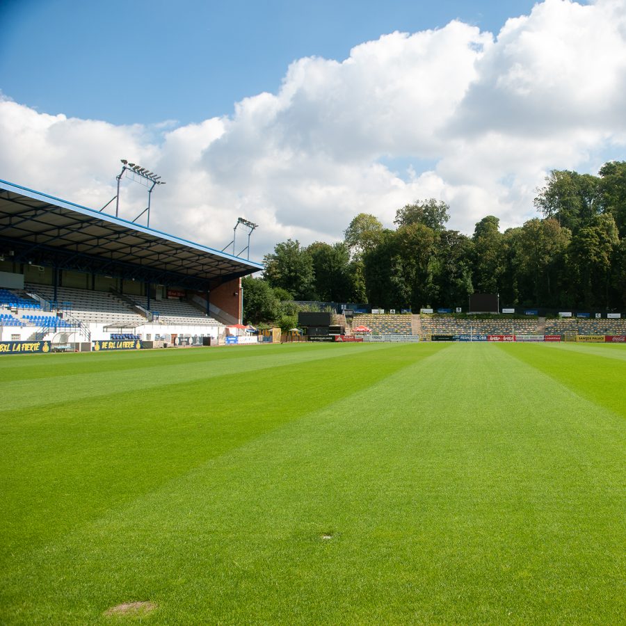 The grassy pitch of Joseph Marien Stadium. Behind the stadium is a tree-filled park.  