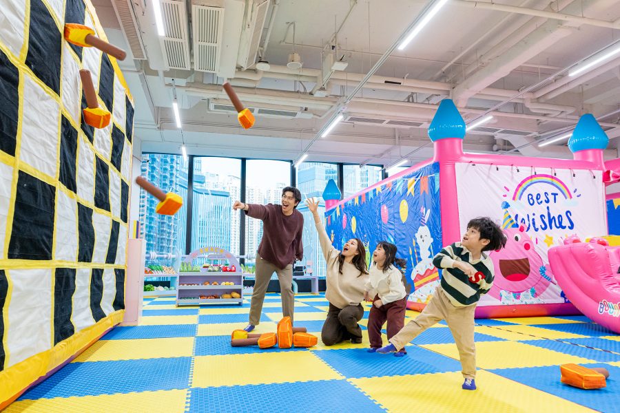 A family playing at Bouncetopia, Hong Kong. 