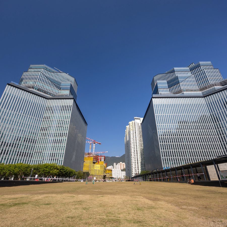 Exterior view of The Twins, Hong Kong, in the daytime.