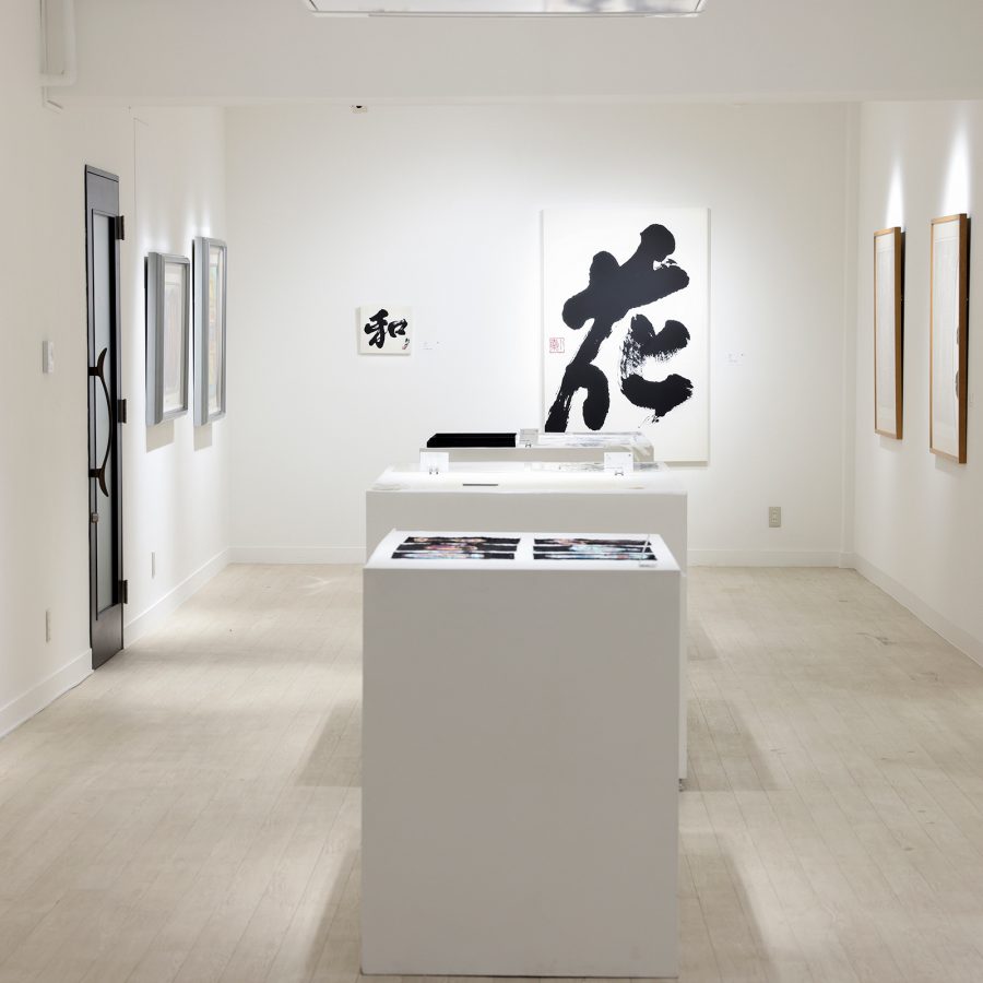 An all-white gallery room with two pedestals in the centre of the room; framed paintings are displayed on the walls and on the pedestals.