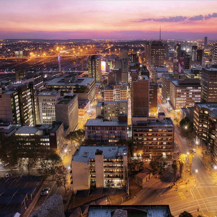 The Johannesburg cityscape at dusk.
