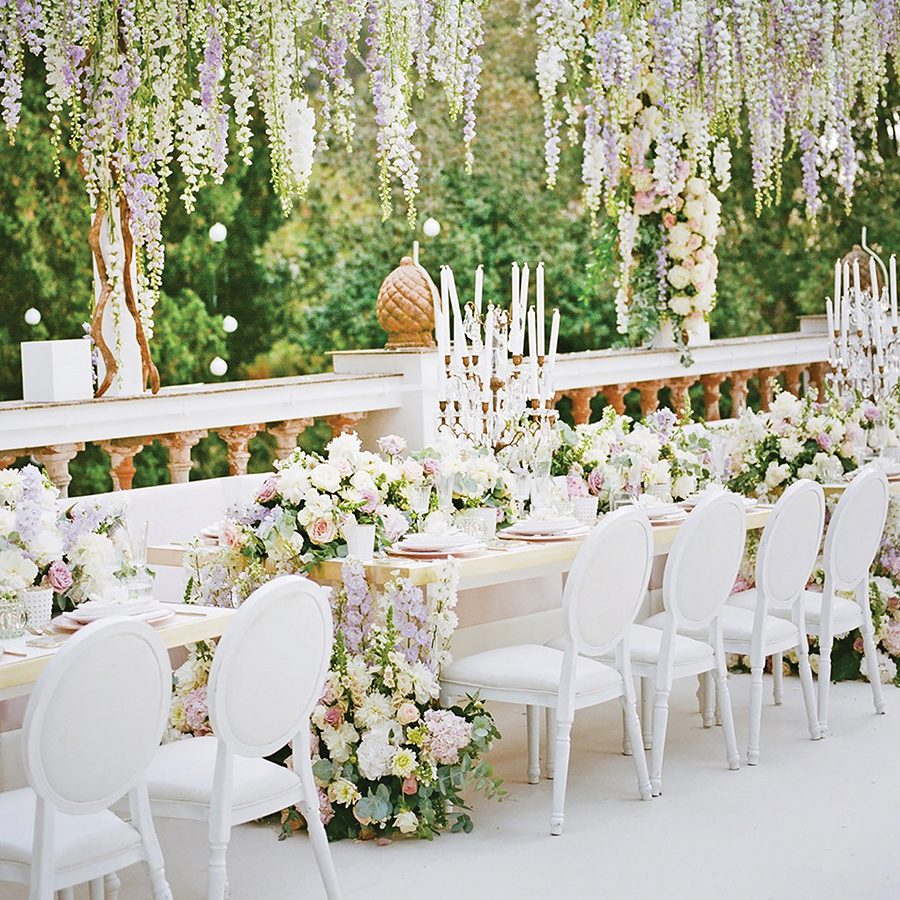 White wedding floral tables