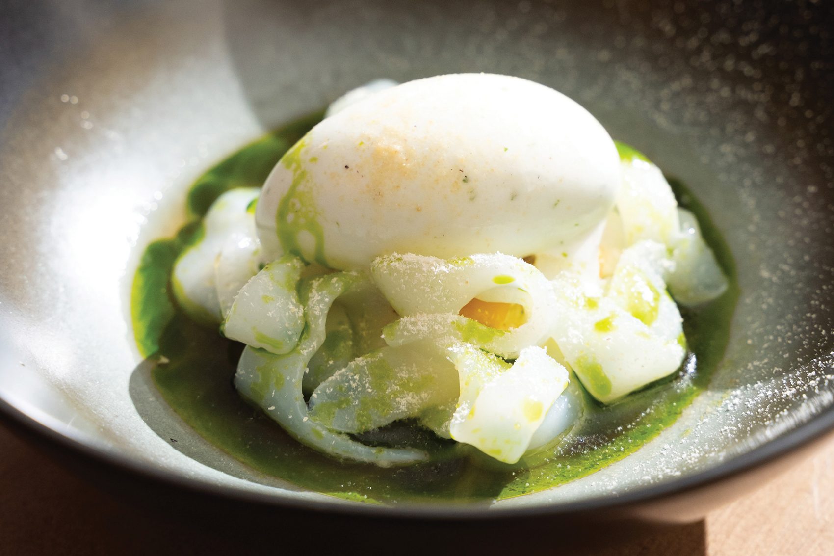 Cuttlefish with stracciatella cheese topped with lemon basil sorbet at Little Bear, Ho Chi Minh City.