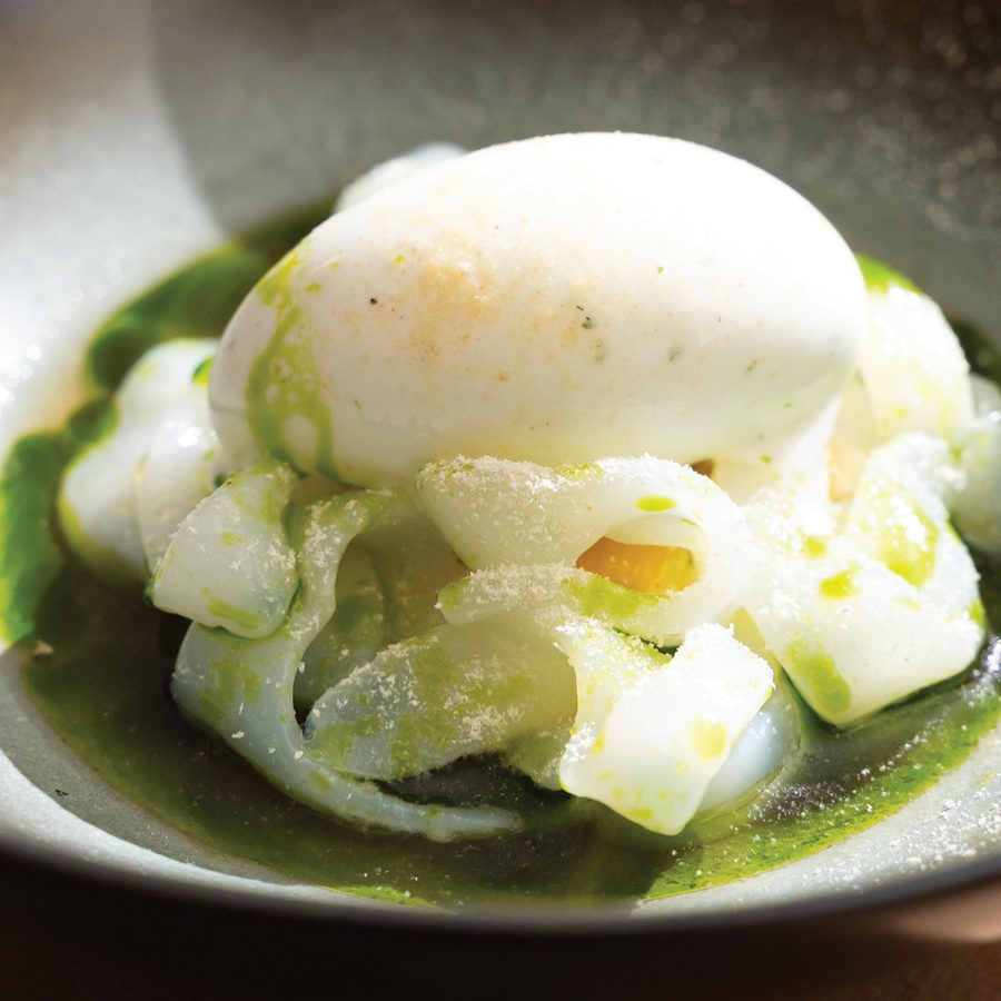 Cuttlefish with stracciatella cheese topped with lemon basil sorbet at Little Bear, Ho Chi Minh City.