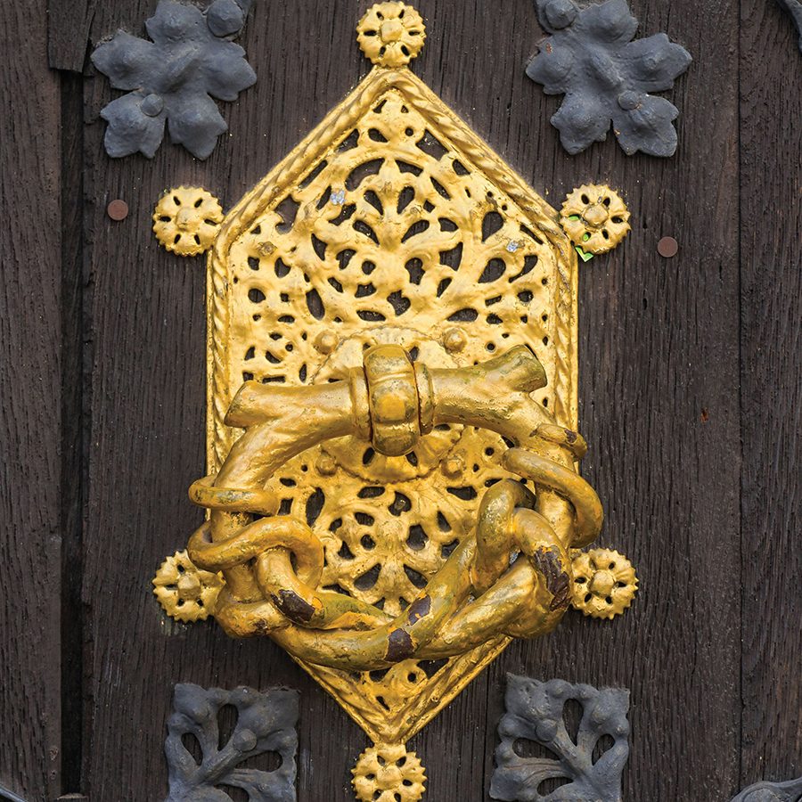 Close up view of a golden doorknocker in Neue Altstadt