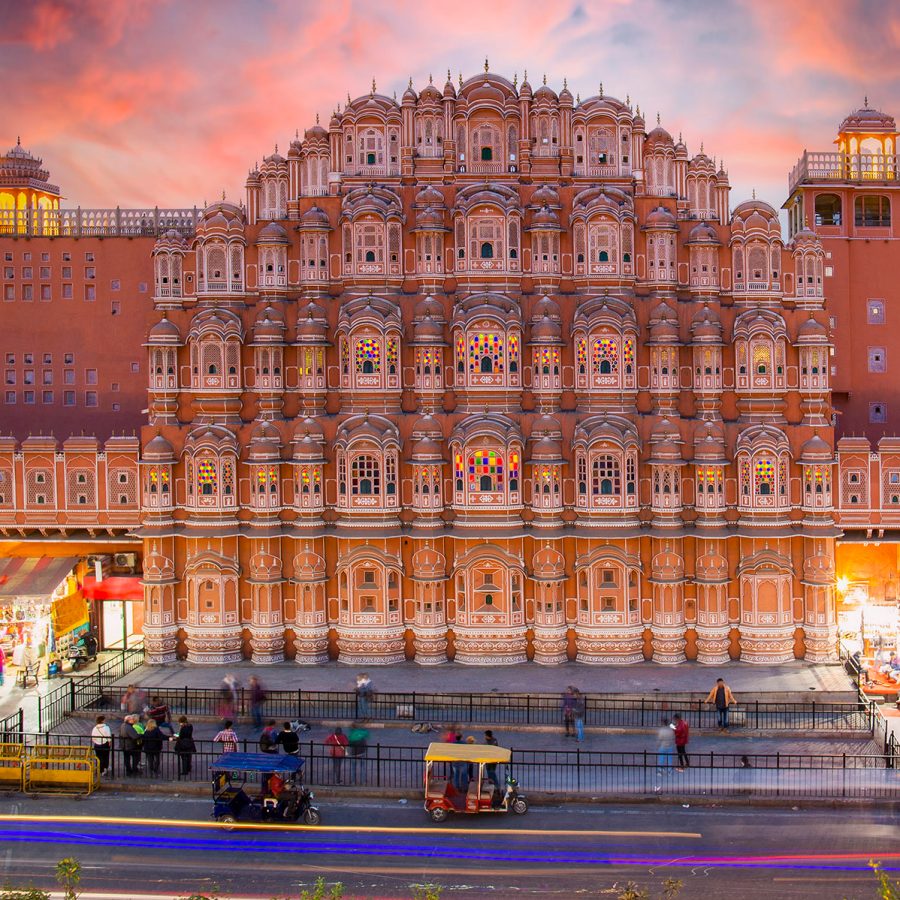 A bird’s eye view of Hawa Mahal and the busy street of pink city Jaipur at dawn.