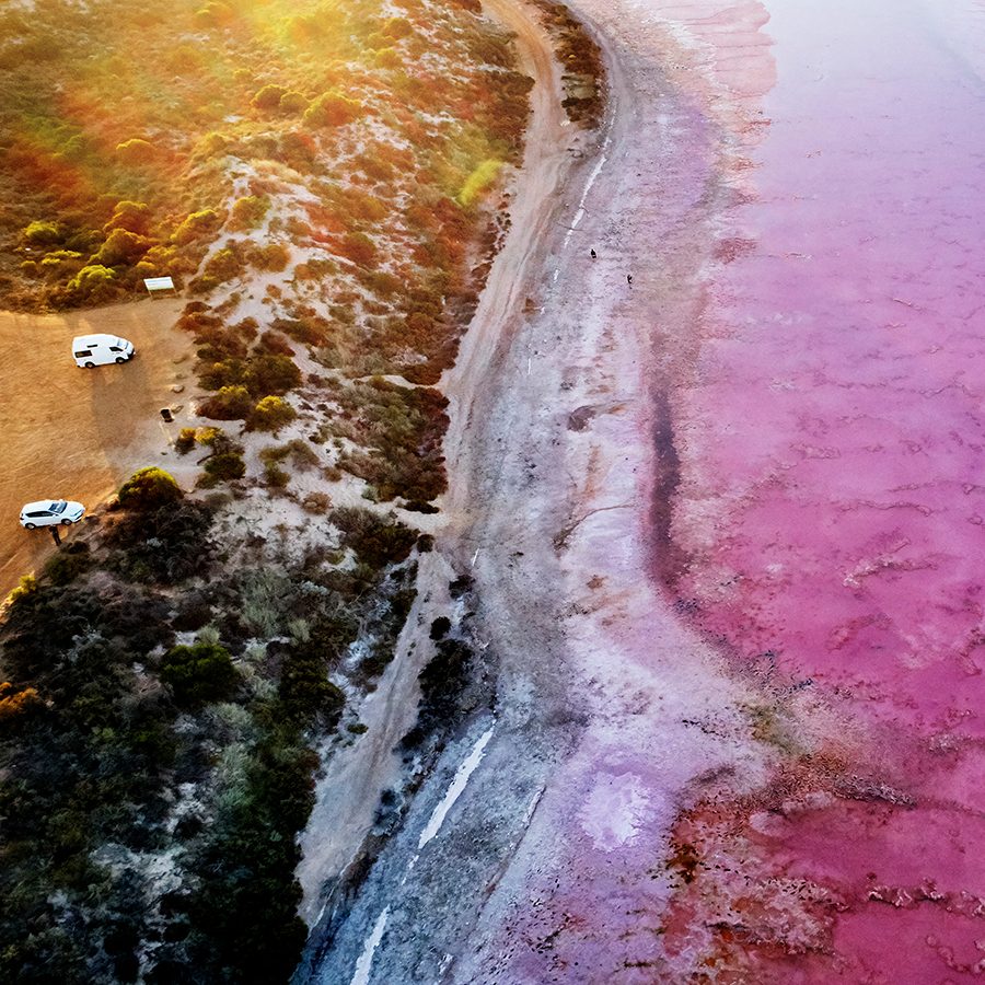 A drone shot of the pink lake Hutt Lagoon in Western Australia.