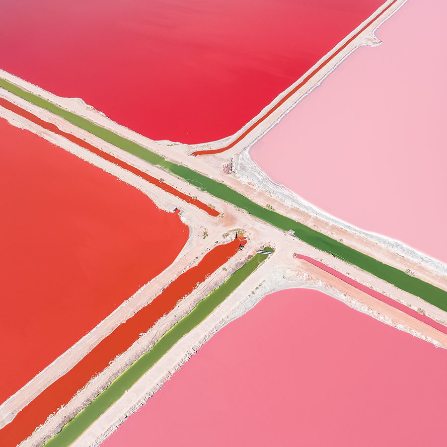 Birdseye view of lake Hutt lagoon’s different shades of pink.